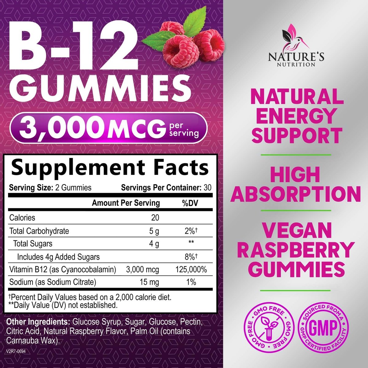 Vitamin B12 Gummis – 3000 mcg pro Portion Extra starke Energie B12 Gummibärchen für Stoffwechsel und Immununterstützung – Kaubare B-12 Nahrungsergänzung, natürliche, koffeinfreie Gummis, Beerengeschmack – 60 Gummis