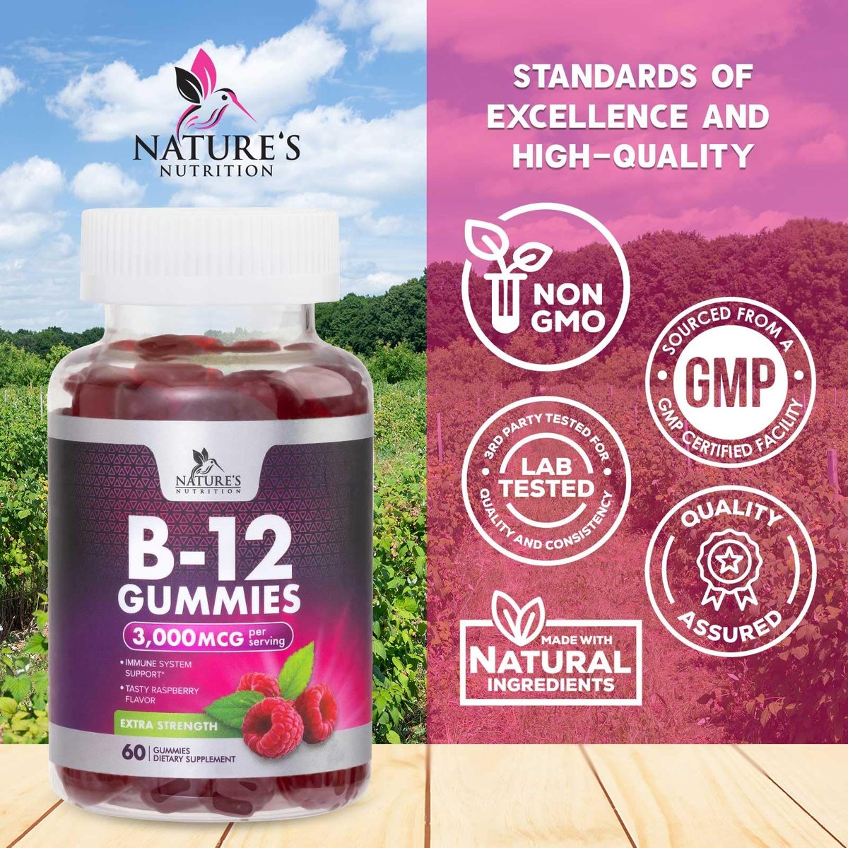 Vitamin B12 Gummis – 3000 mcg pro Portion Extra starke Energie B12 Gummibärchen für Stoffwechsel und Immununterstützung – Kaubare B-12 Nahrungsergänzung, natürliche, koffeinfreie Gummis, Beerengeschmack – 60 Gummis
