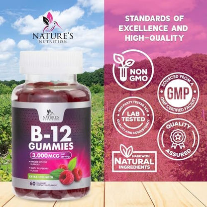 Vitamin B12 Gummis – 3000 mcg pro Portion Extra starke Energie B12 Gummibärchen für Stoffwechsel und Immununterstützung – Kaubare B-12 Nahrungsergänzung, natürliche, koffeinfreie Gummis, Beerengeschmack – 60 Gummis