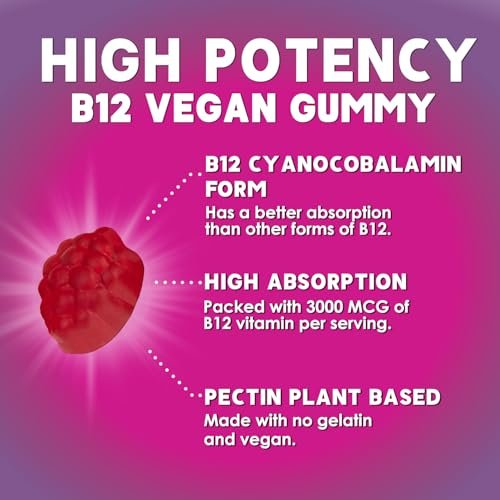 Vitamin B12 Gummis – 3000 mcg pro Portion Extra starke Energie B12 Gummibärchen für Stoffwechsel und Immununterstützung – Kaubare B-12 Nahrungsergänzung, natürliche, koffeinfreie Gummis, Beerengeschmack – 60 Gummis