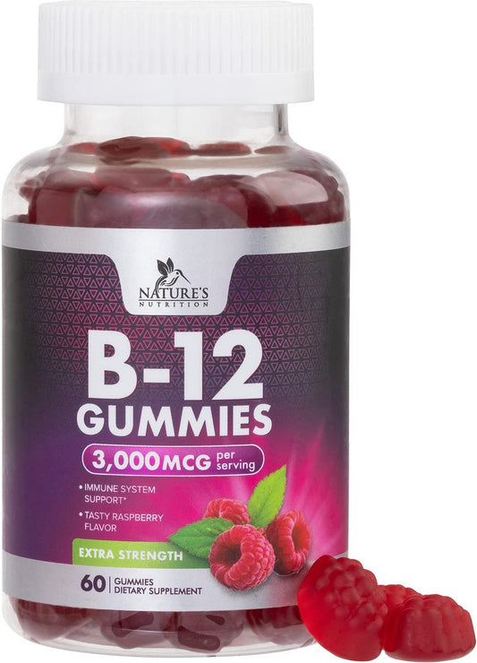 Vitamin B12 Gummis – 3000 mcg pro Portion Extra starke Energie B12 Gummibärchen für Stoffwechsel und Immununterstützung – Kaubare B-12 Nahrungsergänzung, natürliche, koffeinfreie Gummis, Beerengeschmack – 60 Gummis