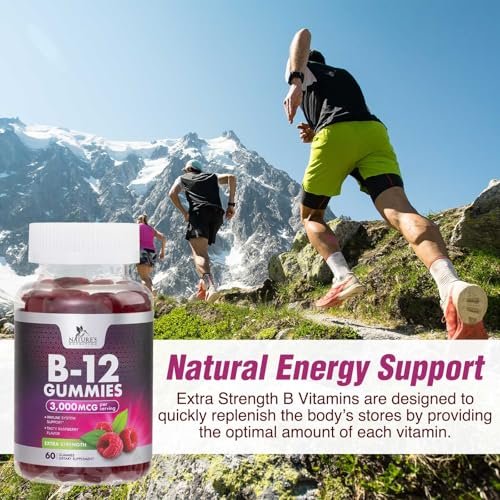 Vitamin B12 Gummis – 3000 mcg pro Portion Extra starke Energie B12 Gummibärchen für Stoffwechsel und Immununterstützung – Kaubare B-12 Nahrungsergänzung, natürliche, koffeinfreie Gummis, Beerengeschmack – 60 Gummis