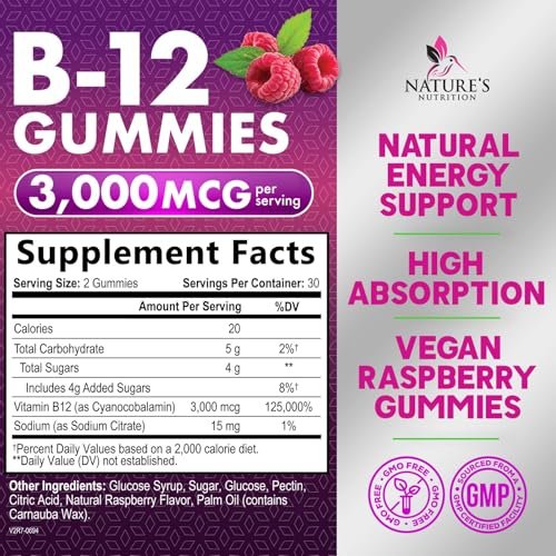 Vitamin B12 Gummis – 3000 mcg pro Portion Extra starke Energie B12 Gummibärchen für Stoffwechsel und Immununterstützung – Kaubare B-12 Nahrungsergänzung, natürliche, koffeinfreie Gummis, Beerengeschmack – 60 Gummis