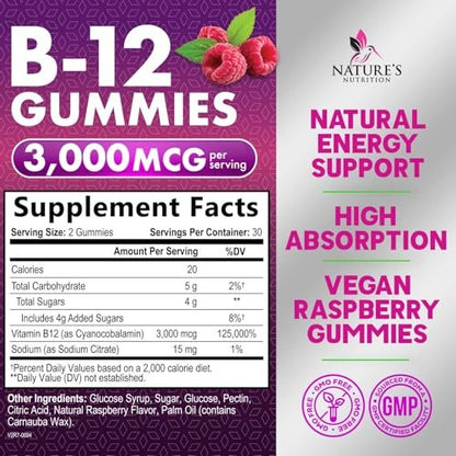 Vitamin B12 Gummis – 3000 mcg pro Portion Extra starke Energie B12 Gummibärchen für Stoffwechsel und Immununterstützung – Kaubare B-12 Nahrungsergänzung, natürliche, koffeinfreie Gummis, Beerengeschmack – 60 Gummis