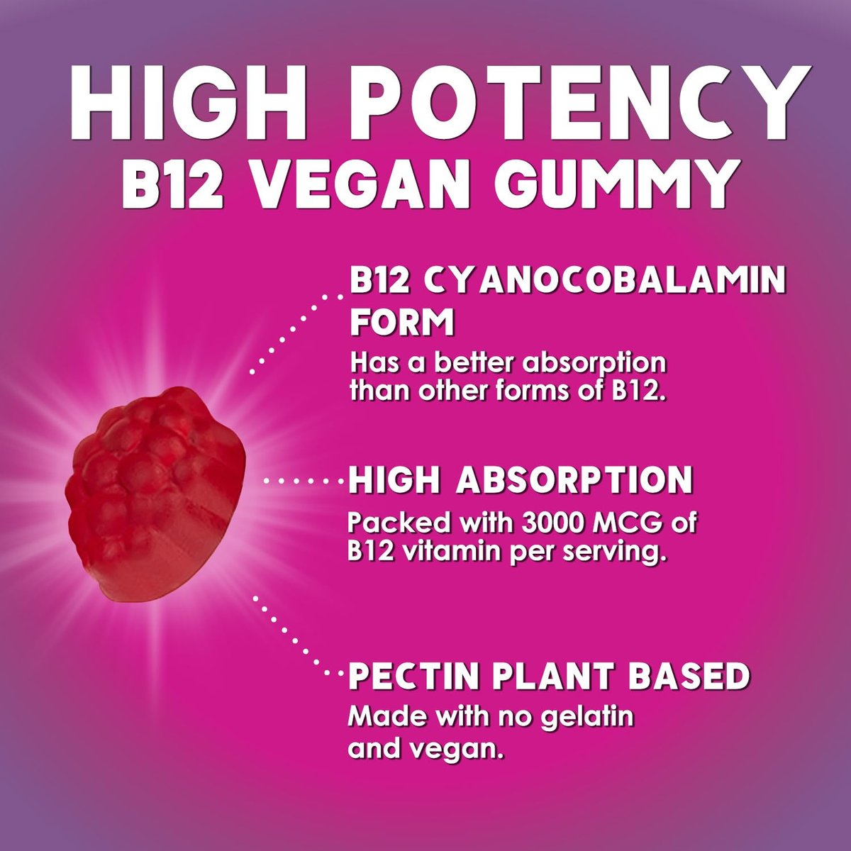 Vitamin B12 Gummis – 3000 mcg pro Portion Extra starke Energie B12 Gummibärchen für Stoffwechsel und Immununterstützung – Kaubare B-12 Nahrungsergänzung, natürliche, koffeinfreie Gummis, Beerengeschmack – 60 Gummis
