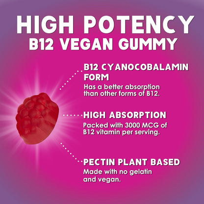 Vitamin B12 Gummis – 3000 mcg pro Portion Extra starke Energie B12 Gummibärchen für Stoffwechsel und Immununterstützung – Kaubare B-12 Nahrungsergänzung, natürliche, koffeinfreie Gummis, Beerengeschmack – 60 Gummis