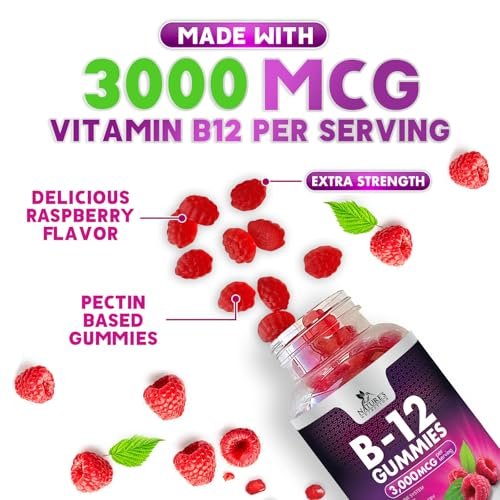 Vitamin B12 Gummis – 3000 mcg pro Portion Extra starke Energie B12 Gummibärchen für Stoffwechsel und Immununterstützung – Kaubare B-12 Nahrungsergänzung, natürliche, koffeinfreie Gummis, Beerengeschmack – 60 Gummis