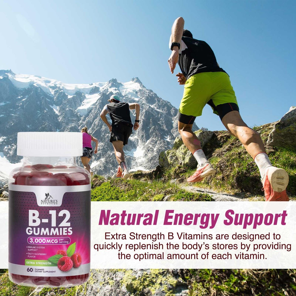 Vitamin B12 Gummis – 3000 mcg pro Portion Extra starke Energie B12 Gummibärchen für Stoffwechsel und Immununterstützung – Kaubare B-12 Nahrungsergänzung, natürliche, koffeinfreie Gummis, Beerengeschmack – 60 Gummis