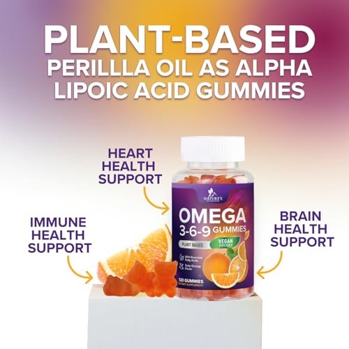 Omega 3-6-9 Gummis – Vegane Omega 3 Supplement Gummis – Essentielle Fettsäuren Öl 369 Komplex für Herzunterstützung & Gehirnunterstützung für Frauen, Männer & Schwangerschaft, Fischfrei, Nicht-GVO, Orangengeschmack – 120 Gummis