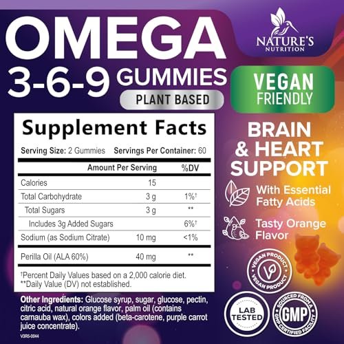Omega 3-6-9 Gummis – Vegane Omega 3 Supplement Gummis – Essentielle Fettsäuren Öl 369 Komplex für Herzunterstützung & Gehirnunterstützung für Frauen, Männer & Schwangerschaft, Fischfrei, Nicht-GVO, Orangengeschmack – 120 Gummis