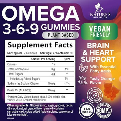 Omega 3-6-9 Gummis – Vegane Omega 3 Supplement Gummis – Essentielle Fettsäuren Öl 369 Komplex für Herzunterstützung & Gehirnunterstützung für Frauen, Männer & Schwangerschaft, Fischfrei, Nicht-GVO, Orangengeschmack – 120 Gummis