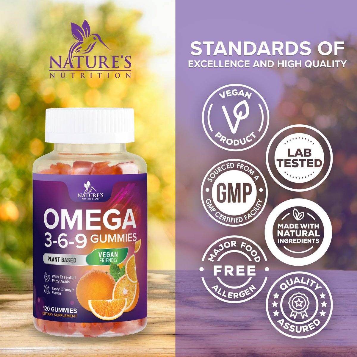 Omega 3-6-9 Gummis – Vegane Omega 3 Supplement Gummis – Essentielle Fettsäuren Öl 369 Komplex für Herzunterstützung & Gehirnunterstützung für Frauen, Männer & Schwangerschaft, Fischfrei, Nicht-GVO, Orangengeschmack – 120 Gummis
