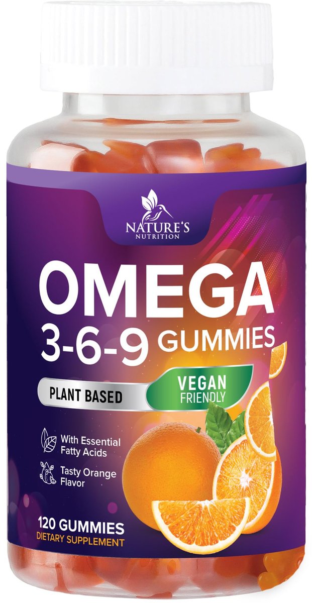Omega 3-6-9 Gummis – Vegane Omega 3 Supplement Gummis – Essentielle Fettsäuren Öl 369 Komplex für Herzunterstützung & Gehirnunterstützung für Frauen, Männer & Schwangerschaft, Fischfrei, Nicht-GVO, Orangengeschmack – 120 Gummis