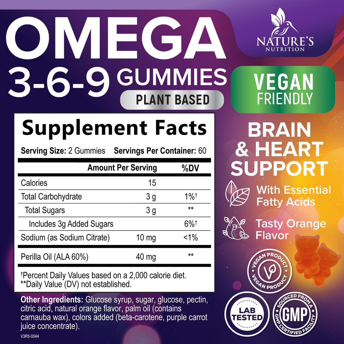 Omega 3-6-9 Gummis – Vegane Omega 3 Supplement Gummis – Essentielle Fettsäuren Öl 369 Komplex für Herzunterstützung & Gehirnunterstützung für Frauen, Männer & Schwangerschaft, Fischfrei, Nicht-GVO, Orangengeschmack – 120 Gummis