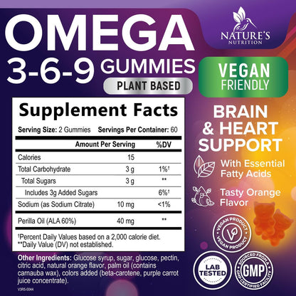 Omega 3-6-9 Gummis – Vegane Omega 3 Supplement Gummis – Essentielle Fettsäuren Öl 369 Komplex für Herzunterstützung & Gehirnunterstützung für Frauen, Männer & Schwangerschaft, Fischfrei, Nicht-GVO, Orangengeschmack – 120 Gummis