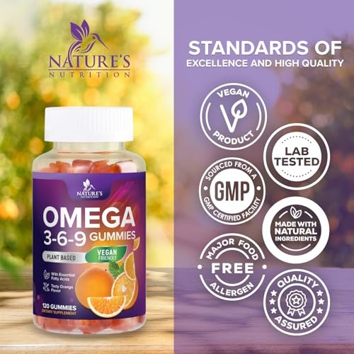 Omega 3-6-9 Gummis – Vegane Omega 3 Supplement Gummis – Essentielle Fettsäuren Öl 369 Komplex für Herzunterstützung & Gehirnunterstützung für Frauen, Männer & Schwangerschaft, Fischfrei, Nicht-GVO, Orangengeschmack – 120 Gummis