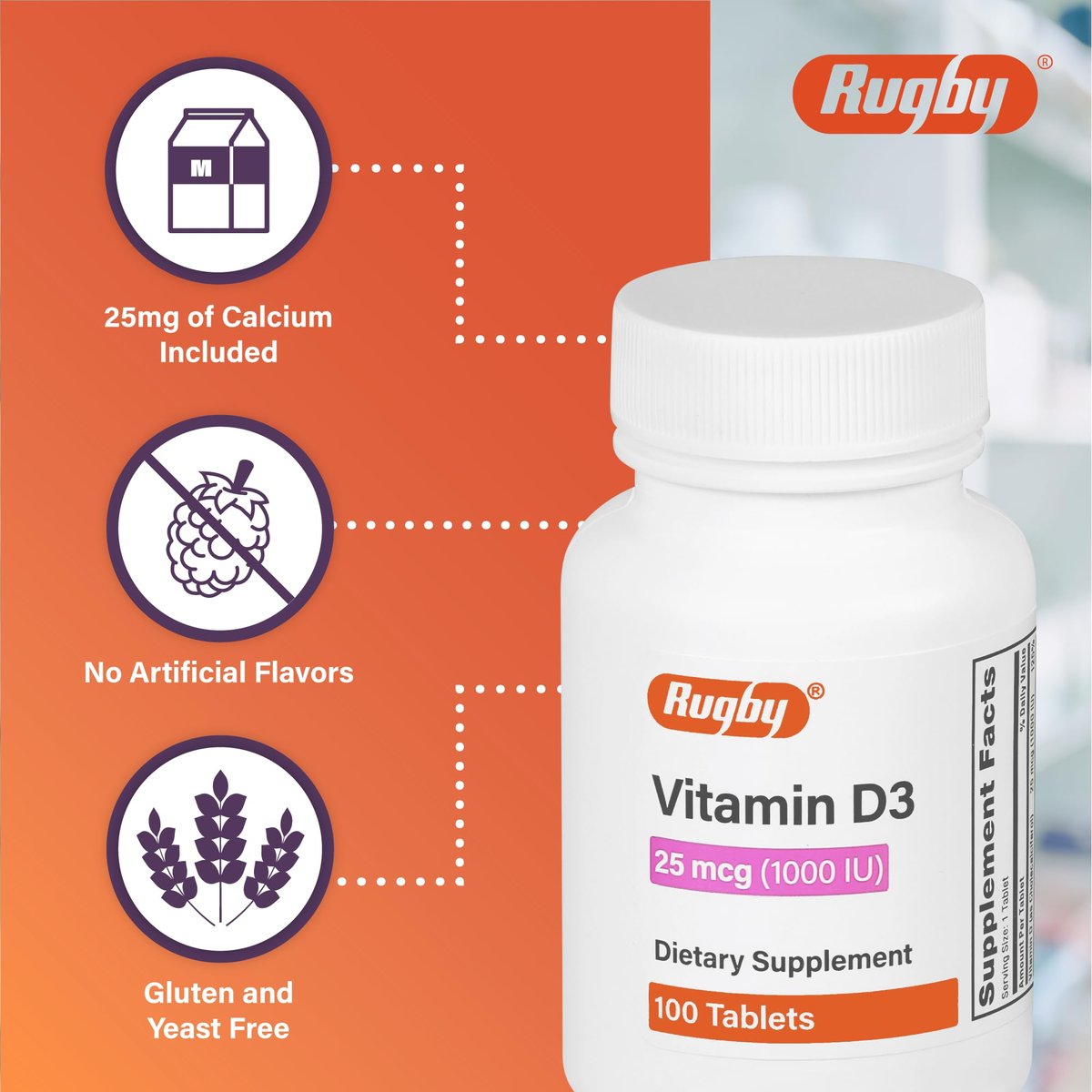 Rugby Vitamin D3 25 mcg (1.000 IE) – Nahrungsergänzungsmittel – 100 Tabletten