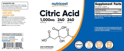 Nutricost Citronensäure 1000 mg (1 Gramm), 240 Kapseln – Glutenfrei, Nicht-GVO