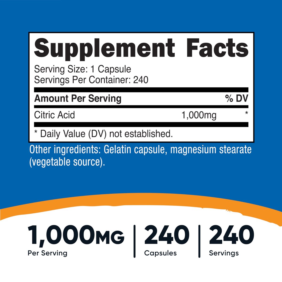 Nutricost Citronensäure 1000 mg (1 Gramm), 240 Kapseln – Glutenfrei, Nicht-GVO