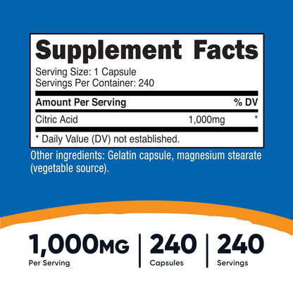 Nutricost Citronensäure 1000 mg (1 Gramm), 240 Kapseln – Glutenfrei, Nicht-GVO