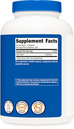 Nutricost Citronensäure 1000 mg (1 Gramm), 240 Kapseln – Glutenfrei, Nicht-GVO