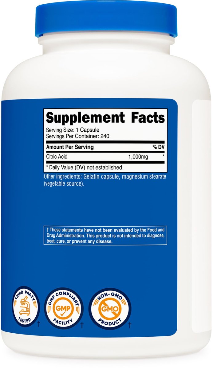 Nutricost Citronensäure 1000 mg (1 Gramm), 240 Kapseln – Glutenfrei, Nicht-GVO