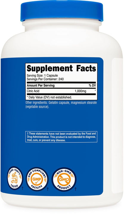 Nutricost Citronensäure 1000 mg (1 Gramm), 240 Kapseln – Glutenfrei, Nicht-GVO