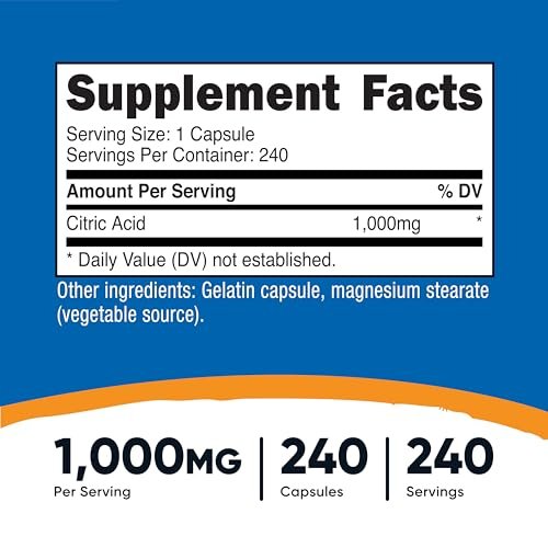 Nutricost Citronensäure 1000 mg (1 Gramm), 240 Kapseln – Glutenfrei, Nicht-GVO