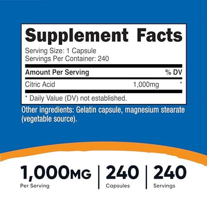 Nutricost Citronensäure 1000 mg (1 Gramm), 240 Kapseln – Glutenfrei, Nicht-GVO