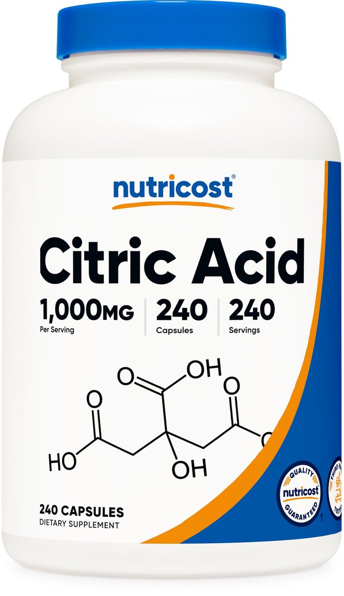 Nutricost Citronensäure 1000 mg (1 Gramm), 240 Kapseln – Glutenfrei, Nicht-GVO