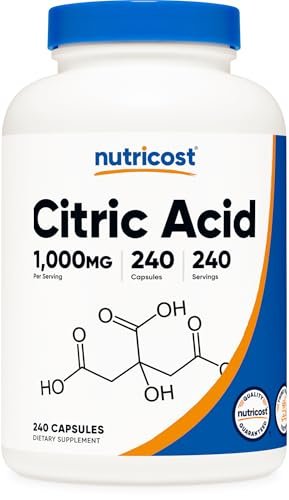 Nutricost Citronensäure 1000 mg (1 Gramm), 240 Kapseln – Glutenfrei, Nicht-GVO