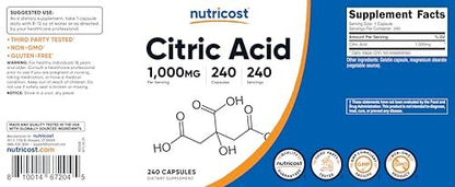 Nutricost Citronensäure 1000 mg (1 Gramm), 240 Kapseln – Glutenfrei, Nicht-GVO