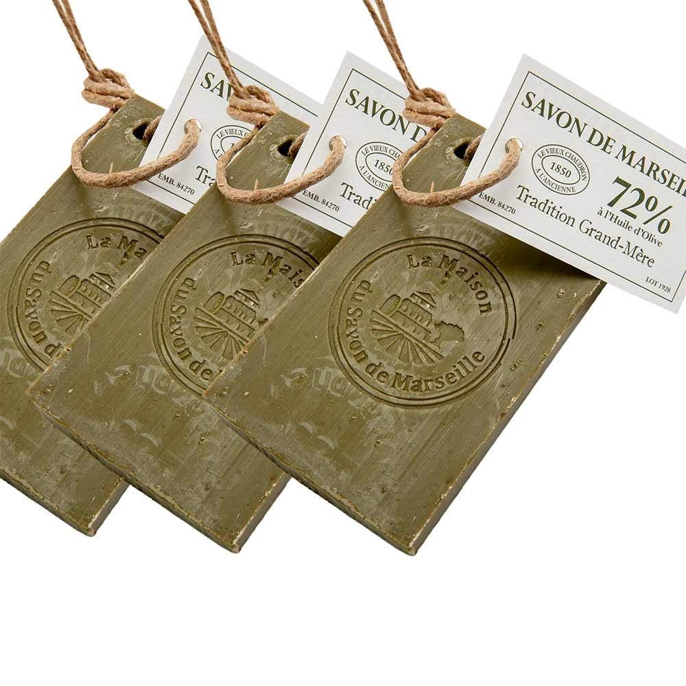 Savon de Marseille - Französische Olivenseife am Seil - 72% Bio-Olivenöl Seife - Mehrzweck - 250 Gramm Stück - Set mit 3