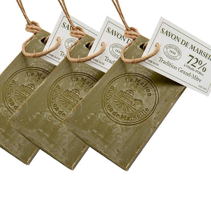Savon de Marseille - Französische Olivenseife am Seil - 72% Bio-Olivenöl Seife - Mehrzweck - 250 Gramm Stück - Set mit 3