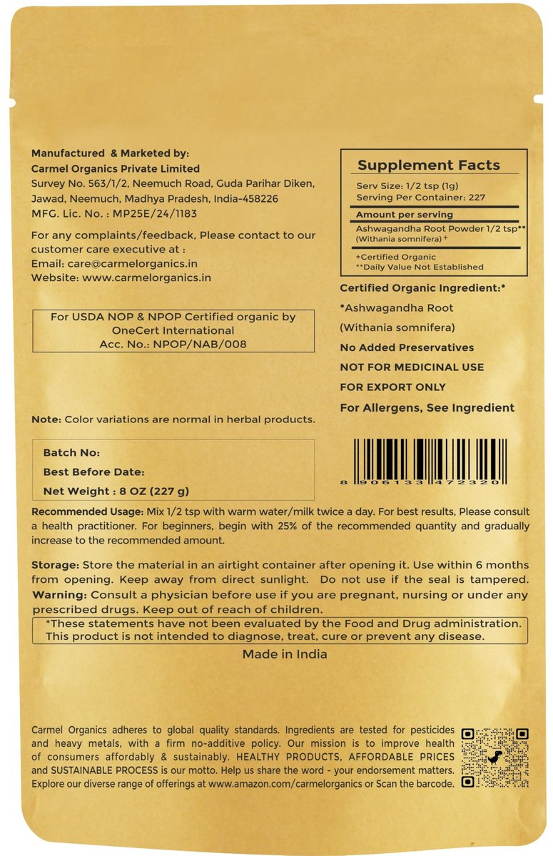 CARMEL ORGANICS Bio Ashwagandha Wurzelpulver (227 g) – USDA Bio, Laborgeprüft, Non-GMO & Glutenfrei | Withania Somnifera aus Indien
