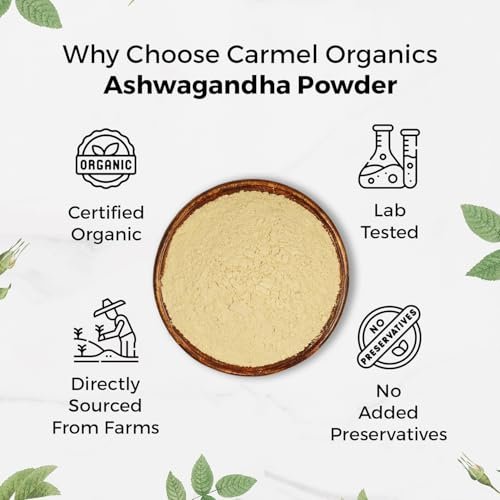 CARMEL ORGANICS Bio Ashwagandha Wurzelpulver (227 g) – USDA Bio, Laborgeprüft, Non-GMO & Glutenfrei | Withania Somnifera aus Indien