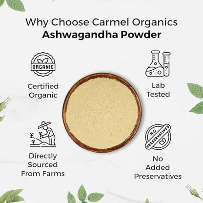 CARMEL ORGANICS Bio Ashwagandha Wurzelpulver (227 g) – USDA Bio, Laborgeprüft, Non-GMO & Glutenfrei | Withania Somnifera aus Indien