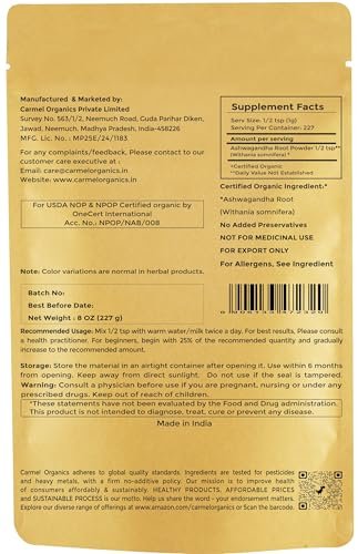 CARMEL ORGANICS Bio Ashwagandha Wurzelpulver (227 g) – USDA Bio, Laborgeprüft, Non-GMO & Glutenfrei | Withania Somnifera aus Indien