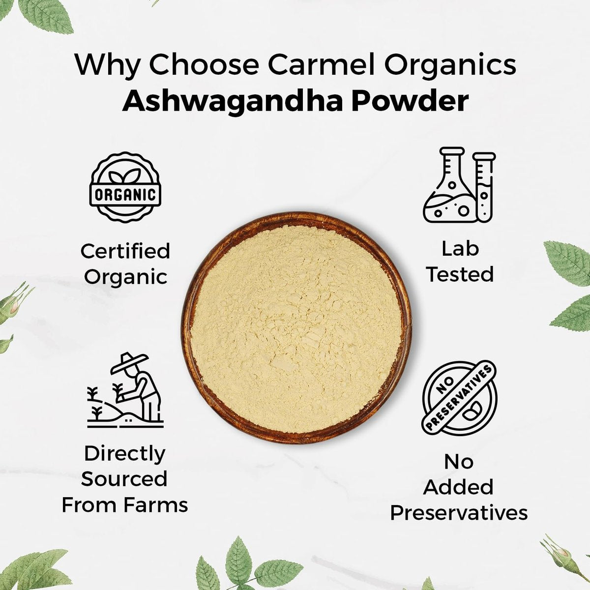 CARMEL ORGANICS Bio Ashwagandha Wurzelpulver (227 g) – USDA Bio, Laborgeprüft, Non-GMO & Glutenfrei | Withania Somnifera aus Indien
