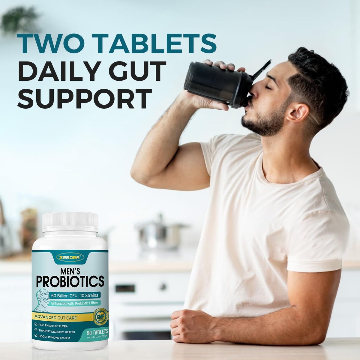 ZEBORA Probiotika für Männer und Präbiotika für die Verdauungsgesundheit, 90 Tabletten, 60 Milliarden KBE für Immun- und Darmgesundheit, 10 Stämme, hypoallergen, haltbar ohne Kühlung, gluten- und sojafrei