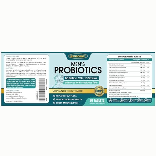 ZEBORA Probiotika für Männer und Präbiotika für die Verdauungsgesundheit, 90 Tabletten, 60 Milliarden KBE für Immun- und Darmgesundheit, 10 Stämme, hypoallergen, haltbar ohne Kühlung, gluten- und sojafrei