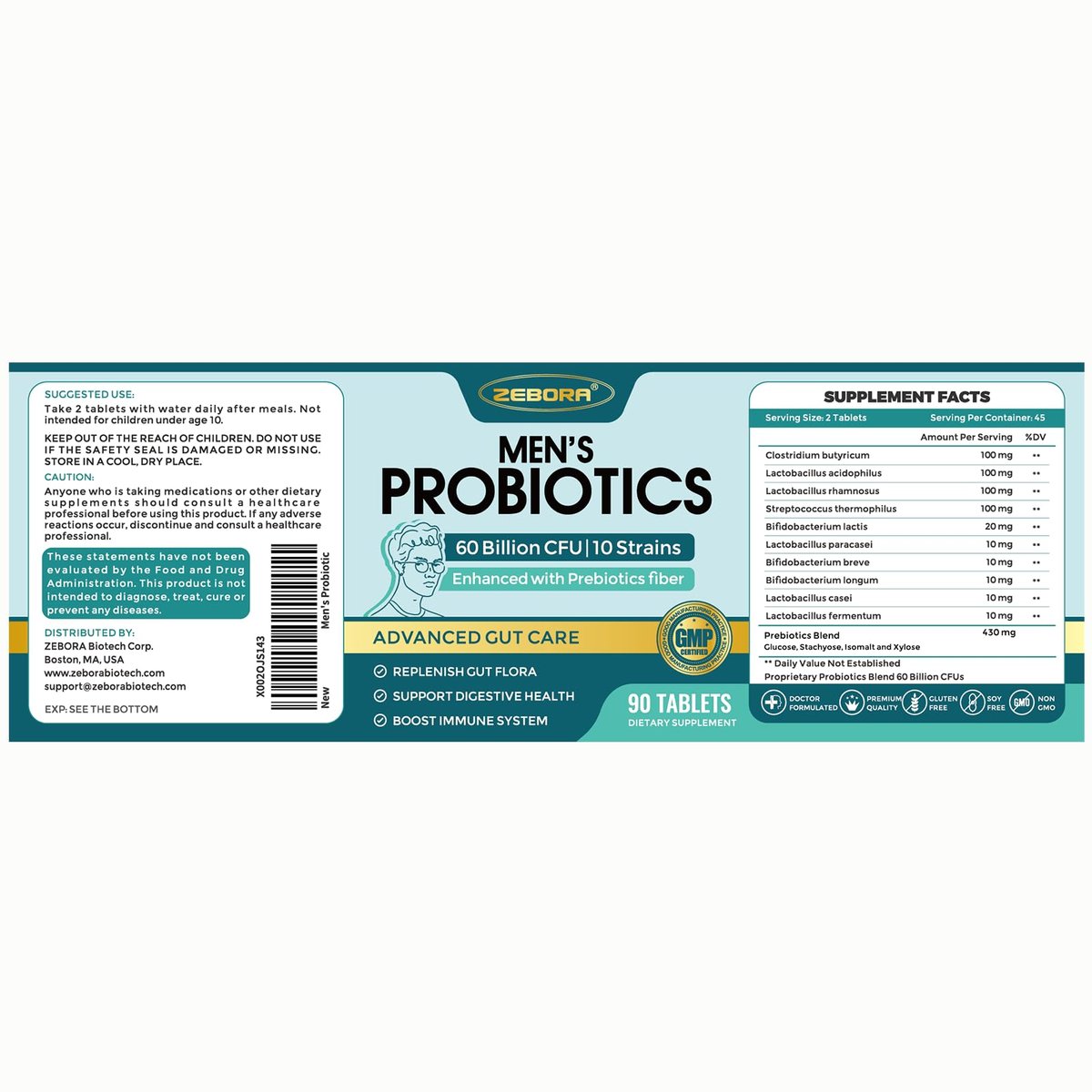 ZEBORA Probiotika für Männer und Präbiotika für die Verdauungsgesundheit, 90 Tabletten, 60 Milliarden KBE für Immun- und Darmgesundheit, 10 Stämme, hypoallergen, haltbar ohne Kühlung, gluten- und sojafrei