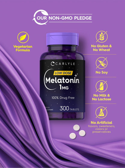 Carlyle Melatonin 1 mg | 300 Tabletten | Niedrig dosiertes, pflanzliches Schlafmittel | Vegetarisch, Nicht-GVO, Glutenfrei