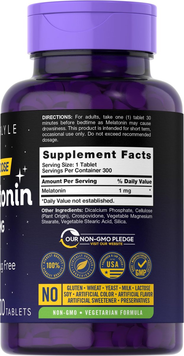 Carlyle Melatonin 1 mg | 300 Tabletten | Niedrig dosiertes, pflanzliches Schlafmittel | Vegetarisch, Nicht-GVO, Glutenfrei