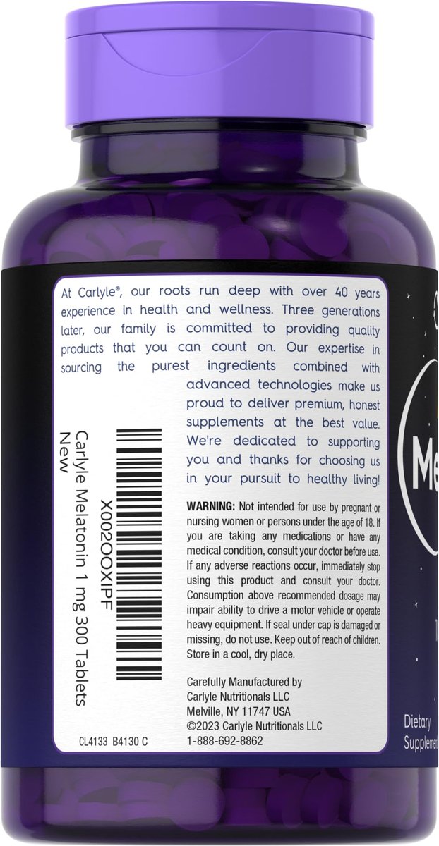 Carlyle Melatonin 1 mg | 300 Tabletten | Niedrig dosiertes, pflanzliches Schlafmittel | Vegetarisch, Nicht-GVO, Glutenfrei