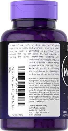 Carlyle Melatonin 1 mg | 300 Tabletten | Niedrig dosiertes, pflanzliches Schlafmittel | Vegetarisch, Nicht-GVO, Glutenfrei