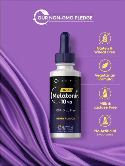 Carlyle Melatonin 10 mg | 60 ml flüssige Tropfen | Beerengeschmack | für Erwachsene | Nicht-GMO, vegetarisches Nahrungsergänzungsmittel