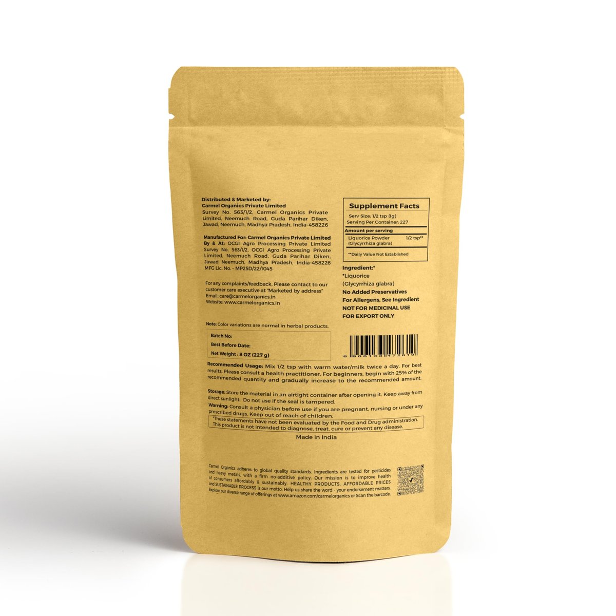 CARMEL ORGANICS Lakritzpulver - 230 g | Kräuterergänzung | Natürlicher Süßstoff und Verdauungshilfe | Nicht-GVO | Ohne Zusatzstoffe