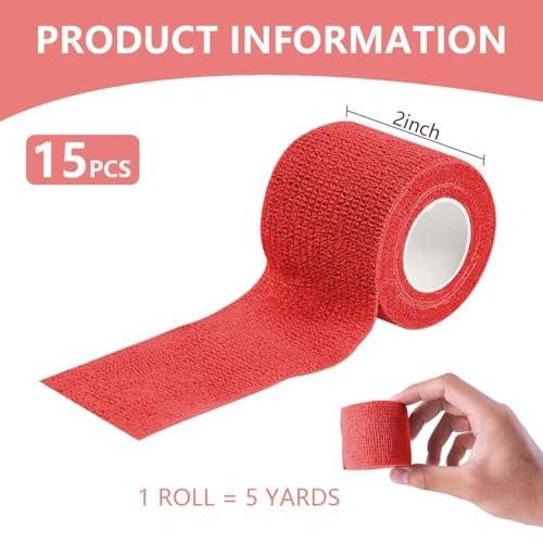 KISEER 15er-Pack 5 cm x 4,5 m Rote Selbstklebende Bandage, Atmungsaktive Kohäsive Bandagewickelrollen, Elastisches Selbsthaftendes Band für Sport, Handgelenk, Knöchel