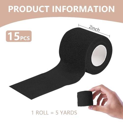 KISEER 15er-Pack 2 Zoll x 5 Yards Schwarze selbstklebende Bandage, atmungsaktive, elastische und haftende Wickelrolle für Sport, Handgelenk, Knöchel